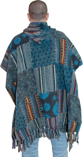 Vista 3 de manakamana Poncho de retazos con bolsillo grande, 100% algodón pesado, poncho mexicano Baja con capucha para hombre