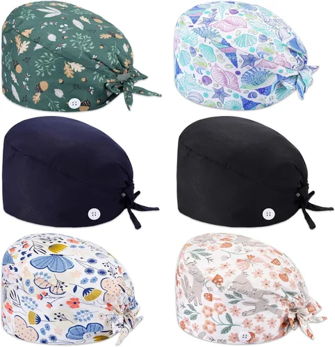 Vista 10 de Geyoga 6 piezas de gorras bouffant para trabajo y quirúrgicas, gorras de enfermera con botones y banda para el sudor, ajustable, con lazos