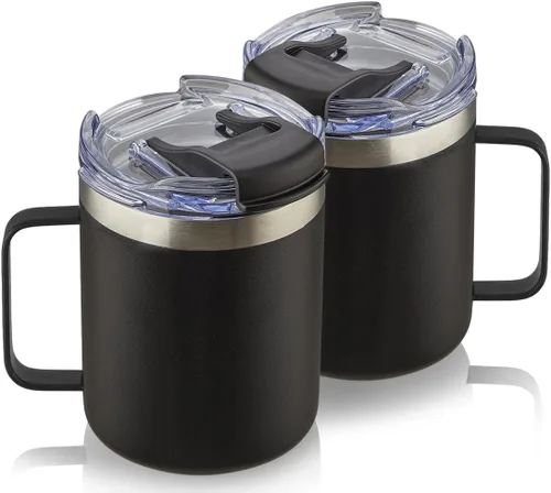 Vista 25 de Taza de café aislada de 12 onzas con asa, taza de café de viaje de acero inoxidable con tapa abatible, vaso de café de doble pared con aislamiento