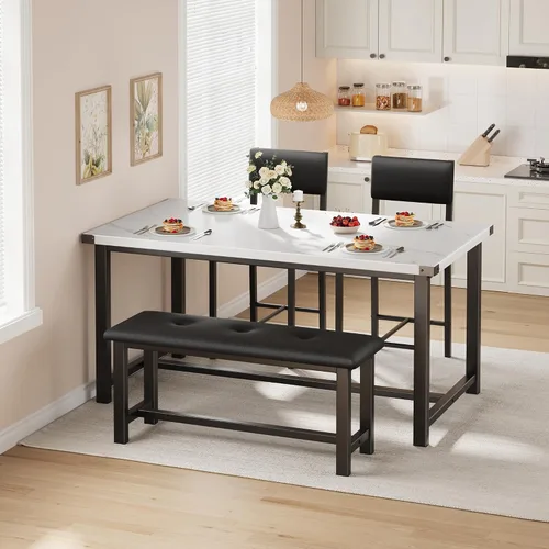 Vista 5 de Juego de mesa de comedor de madera Garvee para 4, mesa de cocina y 2 sillas tapizadas con banco, juego de comedor rectangular, para espacios Mármol