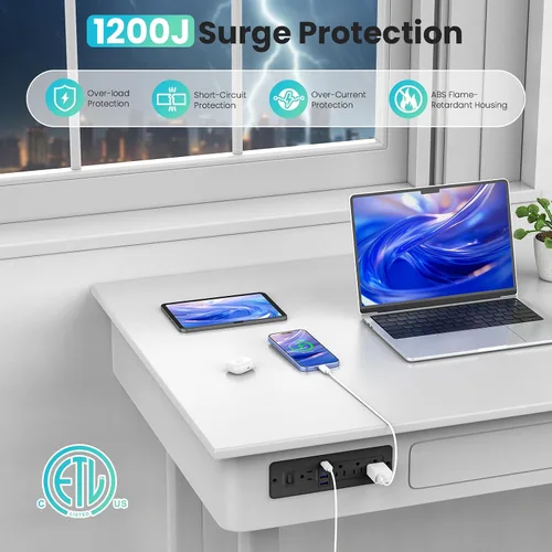 Vista 4 de Regleta de alimentación empotrable USB C GaN de 65W, 4 tomas de CA y 2 USB-C PD + 2 USB-A QC, estación de carga oculta de montaje empotrado