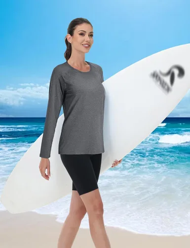 Vista 7 de MAGCOMSEN Camisetas de manga larga para mujer, con protección solar UPF 50+, protección solar, atlético, correr, natación, protección contra