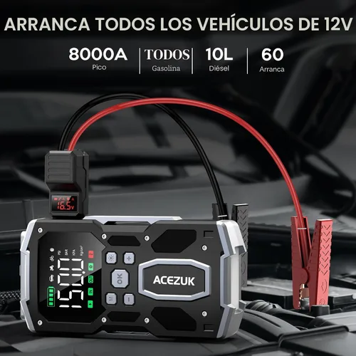 Vista 2 de ACEZUK - Arrancador portátil para automóvil con compresor de aire, 150PSI 8000A (todo gasolina/10.0L diesel), batería de 12 V, batería de arranque