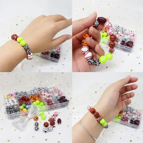 Vista 3 de Honbay 15 estilos de cuentas redondas de acrílico para deportes, baloncesto, tenis, voleibol, béisbol, rugby, fútbol, cuentas para hacer pulseras