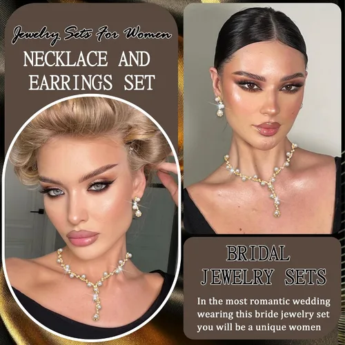 Vista 3 de Rhinestone Jewelry Set Crystal Pearl Necklace Bracelet Earrings Set Sparkly Necklace Dangle Earrings Wedding Prom Formal Costume Jewelry Sets for