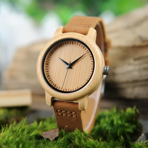 Vista 16 de BOBO BIRD Reloj de madera de bambú para hombre y mujer con correa de cuero de vaca marrón, relojes casuales de cuarzo analógico