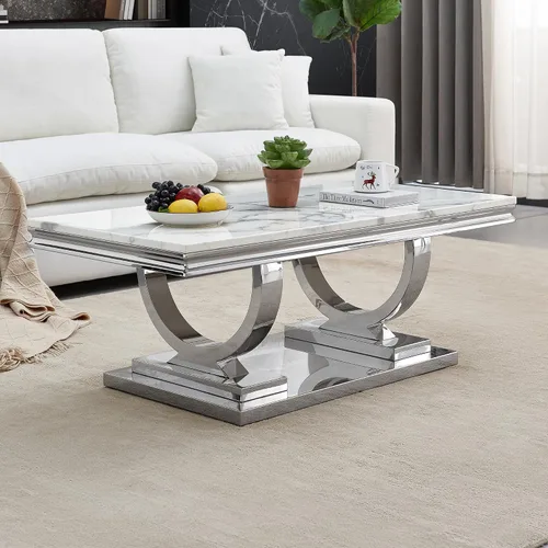 Vista 22 de Mesa de centro de mármol negro Henf de lujo, mesa auxiliar rectangular de mármol sintético de imitación con base de acero inoxidable dorado