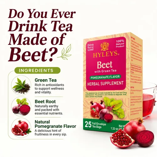 Vista 6 de Hyleys Remolacha y té verde con sabor natural a granada - Té de energía de hierbas - Apoya la concentración - 25 bolsas de té Beet Root & Green