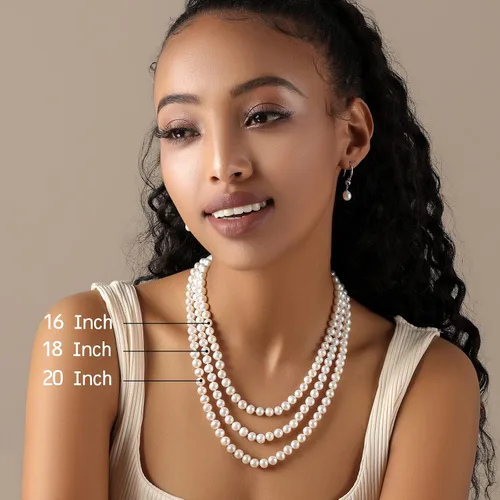 Vista 4 de PEARLMES Collar de perlas cultivadas de agua dulce blancas para mujer, collar de perlas reales con perlas seleccionadas a mano, collares de perlas