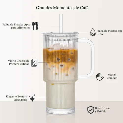 Vista 6 de INSETLAN Vaso de vidrio acanalado de 24 onzas con asa y tapa, paquete de 2 tazas grandes para café helado con pajitas, taza de vidrio moderna