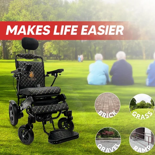 Vista 6 de Silla de ruedas motorizada eléctrica ligera para personas mayores y adultos, reclinación automática plegable de largo alcance con potente motor