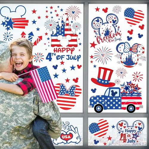 Vista 2 de Adhesivos para ventana del 4 de julio, 9 hojas de ratón con bandera americana adhesiva patriótica para ventana, decoraciones para el día