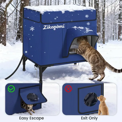 Vista 6 de Zikopomi Casa climatizada para gatos para exteriores con base elevada, casa para gatos al aire libre con 2 puertas de escape seguras, diseño