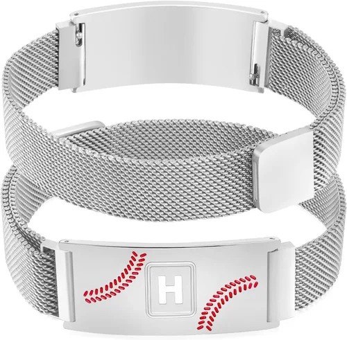 Vista 30 de Fervia Regalos de graduación de Pascua para hombres, pulsera con inicial de béisbol, color negro, plateado, dorado, acero inoxidable, pulseras