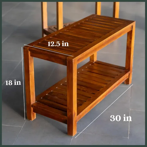 Vista 9 de Banco de ducha de teca de 30 pulgadas – Banco de madera totalmente montado con estante, resistente al agua, pies ajustables antideslizantes – Spa