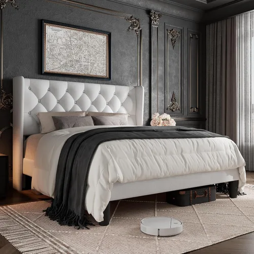 Vista 14 de GalnFu Base de cama tamaño full con cabecera capitoné con botones, base de cama plataforma tapizada con almacenamiento debajo de la cama, soportes