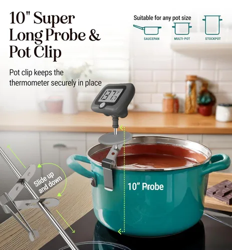 Vista 4 de Termómetro digital de dulces con clip para olla, sonda de acero inoxidable de 10 pulgadas de largo, termómetro de cocina de lectura instantánea