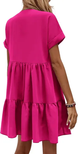 Vista 2 de WDIRARA Vestido de manga corta enrollable con cuello en V y dobladillo con volantes para mujer