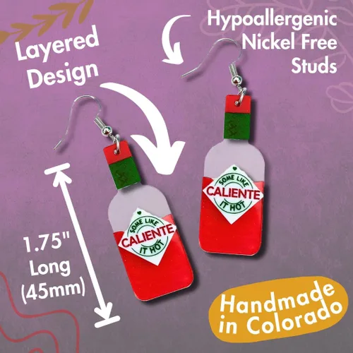 Vista 2 de Divertidos pendientes colgantes de botella de salsa picante, a algunos les gusta la salsa muy caliente rojo estilo tabasco botella pendientes
