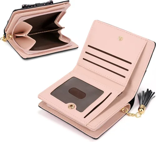 Vista 5 de UTO Cartera para niñas de piel sintética con colgante de gato con borla y cremallera, organizador de tarjetas para mujer, pequeño y lindo monedero