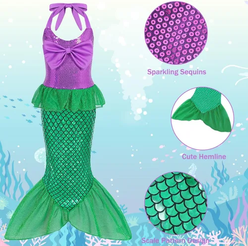 Vista 4 de Disfraz de sirena para niñas, disfraz de Halloween para niñas, disfraz de princesa Ariel, fiesta de cumpleaños