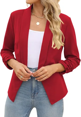 Vista 2 de POGTMM - Blazer de manga de 34 para mujer, con parte delantera abierta, chaqueta estilo cárdigan para uso en el trabajo o la oficina