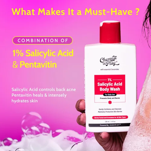 Vista 3 de Chemist at Play Gel de ducha exfoliante suave al 1% de ácido salicílico, sin parabenos ni SLS, evita el acné corporal, la piel rugosa y limpia