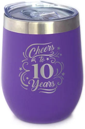 Vista 8 de Cheers to 10 Years - Vaso de vino con tapa deslizante - Taza aislada de acero inoxidable - Regalo para 10 aniversario - Negro