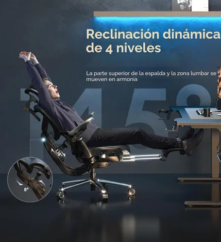 Vista 8 de FlexiSpot Sentinel-Pro - Silla ergonómica para juegos con reposabrazos 7D de doble ala adaptable lumbar 7D 145° 4 posiciones, respaldo ajustable