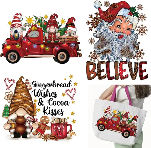 Vista 9 de Calcomanías de transferencia para ropa 2024 con texto en inglés «Merry Christmas» – Decoración navideña para planchar en el coche, gnomo de Papá