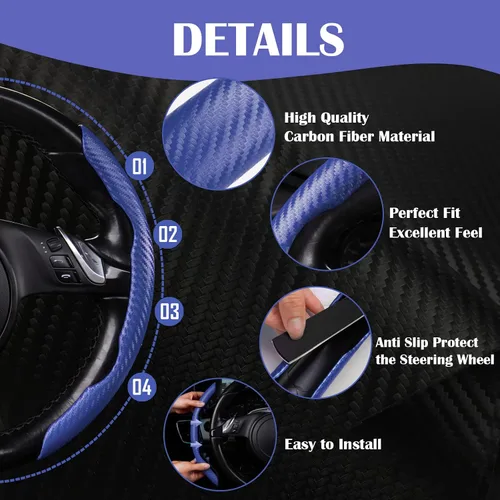 Vista 5 de CAR PASS Funda de volante de fibra de carbono, protector de rueda segmentada, accesorios deportivos antideslizantes para automóvil, ajuste universal