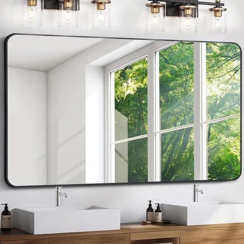 Vista 22 de FORBATH - Espejo de baño negro para sobre lavabo, espejo de pared de 16x24 pulgadas con marco de metal, esquinas redondeadas para baño, dormitorio