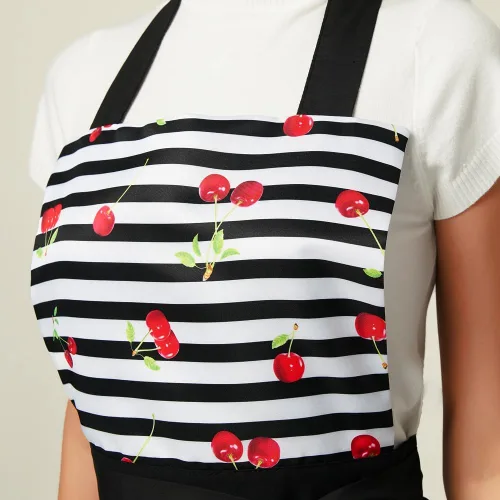 Vista 4 de Encantador y cómodo Claccic Negro Rayas y Moda Cereza Falda Delantal Mujer Cocina Mujer Delantal para damas Niñas Esposa Hija (negro), Negro