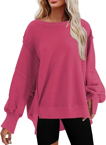 Vista 23 de SHEWIN Sudadera casual de gran tamaño de manga larga con costuras inversas y cuello redondo para mujer Un negro