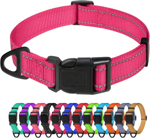 Vista 36 de TagME Collares de nailon reflectantes para perros, collar ajustable clásico para mascotas con hebilla de liberación rápida para cachorros, rosa Rosa