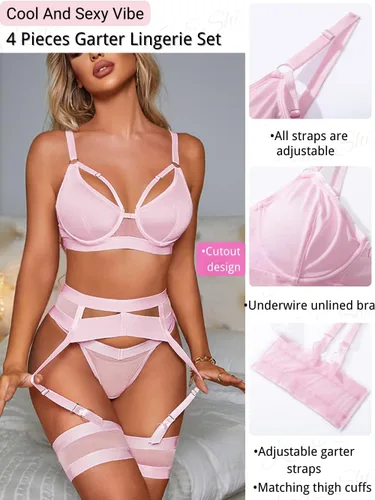 Vista 151 de Kaei&Shi - Lencería con liguero para mujer, conjunto de encaje traslúcido y sexy de 4 piezas combinadas