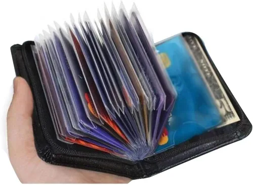 Vista 9 de Cartera de piel con bloqueo RFID para hombres y mujeres con cremallera, gran capacidad de almacenamiento, Marrón, Negro