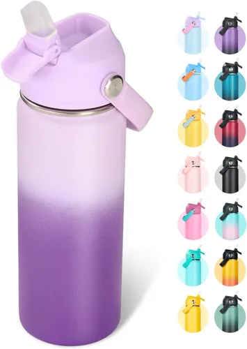 Vista 9 de Fijinhom Botella de agua aislada de acero inoxidable de 18 oz, de boca ancha, de doble pared, con vacío, con pajita de silicona, a prueba de sudor