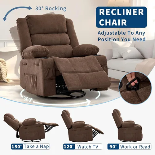 Vista 3 de Garvee Silla reclinable mecedora para adultos amplia giratoria de 360° Marrón