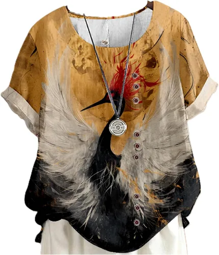 Vista 21 de domirica Flower Bird Printed Loose Boho Shirts Women Plus Size Summer Crew Neck Short Sleeve Blouses Colorido