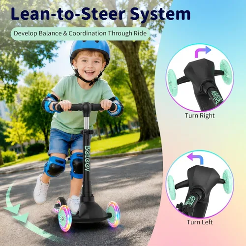 Vista 5 de BELEEV Scooter A4 para niños de 2 a 6 años, cubierta iluminada y ruedas Aqua Negro
