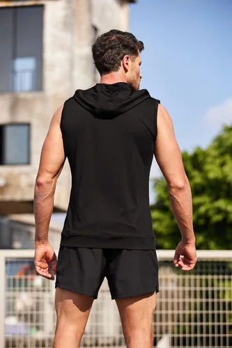 Vista 4 de COOFANDY Camiseta sin mangas con cremallera para hombre, con capucha, culturismo, fitness, corte muscular, sin mangas, para gimnasio