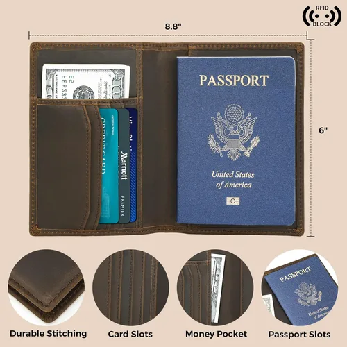 Vista 4 de Cartera de viaje para pasaporte para hombre, funda de pasaporte de cuero, con bloqueo Rfid, soporte para pasaporte para parejas, para 2, Porta