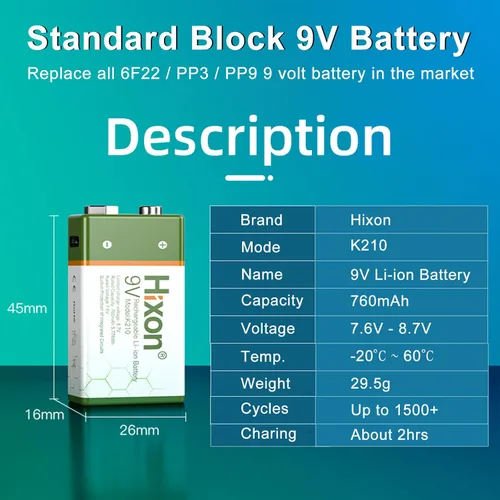 Vista 2 de Hixon Baterías de litio recargables USB de 9 V, baterías de iones de litio de larga duración de 760 mAh de 9 voltios con cable de carga tipo C