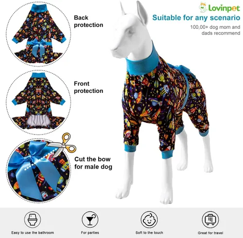 Vista 3 de LovinPet Pijama grande para perros, camisa de recuperación poscirugía, tela elástica, estampado de franela azul marino, antilamer, pijamas fáciles