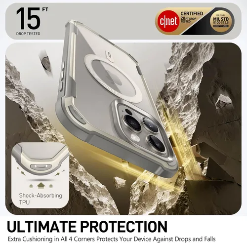 Vista 5 de i-Blason Funda para iPhone 15 Pro, compatible con MagSafe, protector de pantalla integrado, protección contra caídas de cuerpo completo, funda Gris