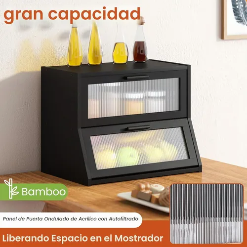 Vista 2 de GHWIE Panera de bambú de doble capa para encimera de cocina, contenedor de almacenamiento de pan de gran capacidad, recipiente para pan con panel