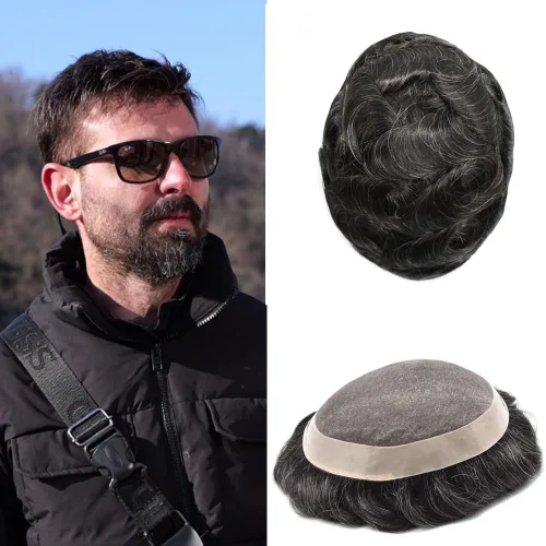 Vista 42 de Fine Mono Men Hair System Mens Toupee Real Human Hair Pieces For Men's Toupee Hair System For Men Hair Piece Natural Hairline 6X8 densidad de luz