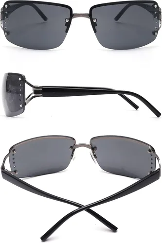 Vista 2 de JM Lentes de sol Y2K sin montura para mujeres y hombres, de gran tamaño, diseño de escudo envolvente, #4 Marco negro / lente gris