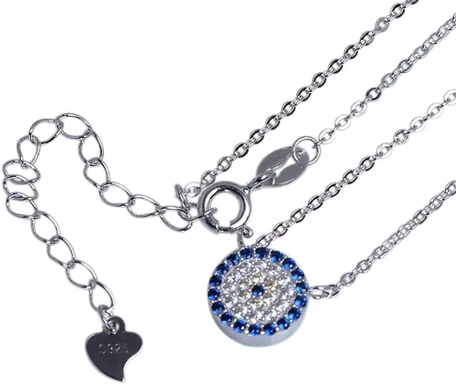 Vista 3 de Kaletine Collar con colgante redondo de mal de ojo de plata de ley 925 con circonita cúbica de 16.0in + extensor de 2.0in